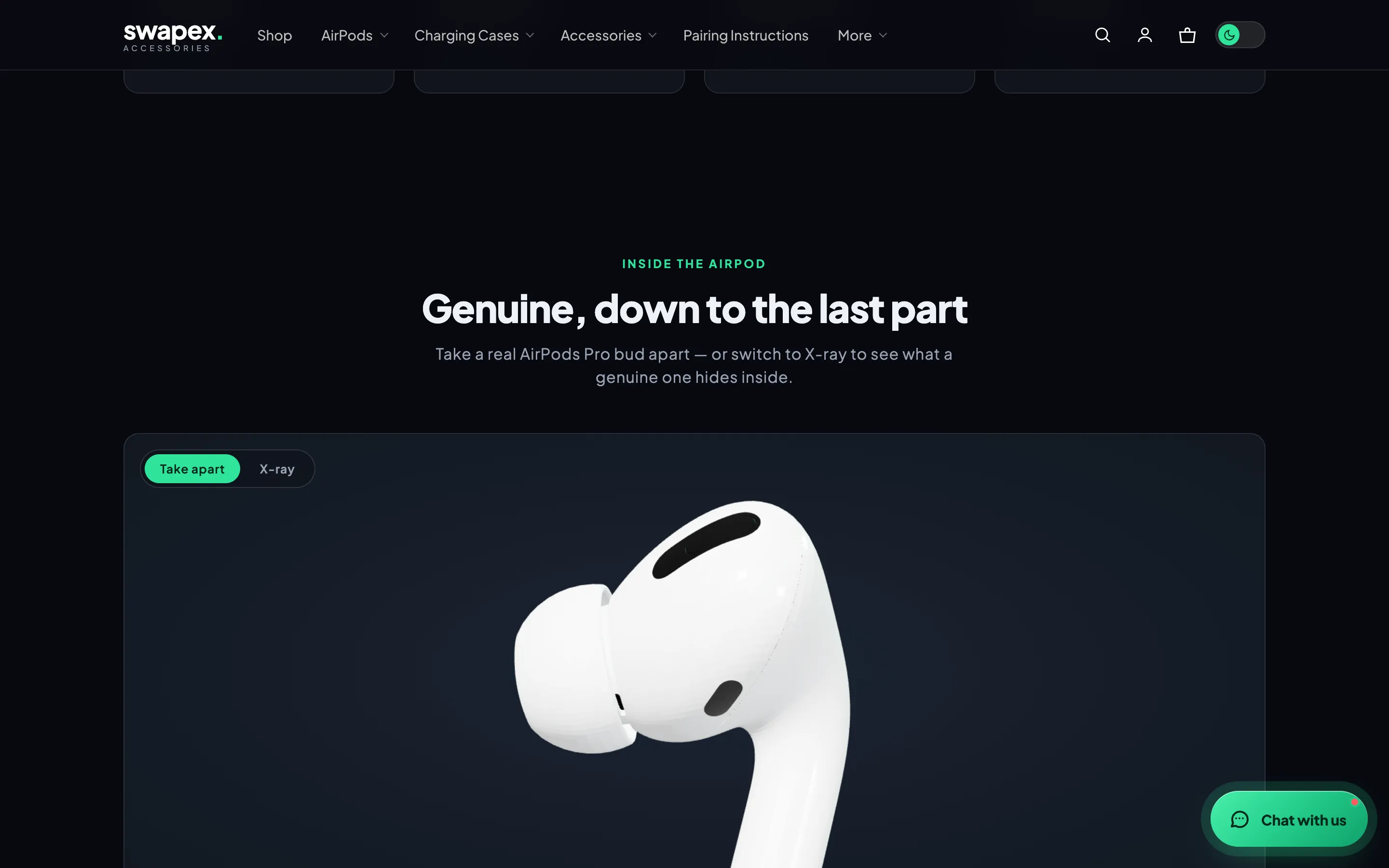 Close-up 3D AirPod bud with “Take apart” and “X-ray” toggles.