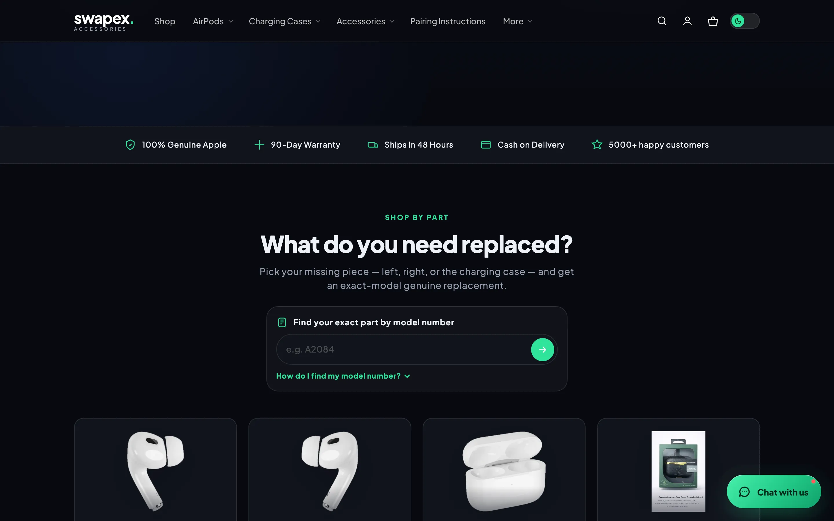 Shop-by-part section with a model-number search box and left, right and case options.